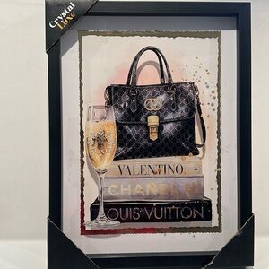 Crystal Luxe Designer Inspired Hanging Wall Art  w/Bag, Book,Champagne Scene.